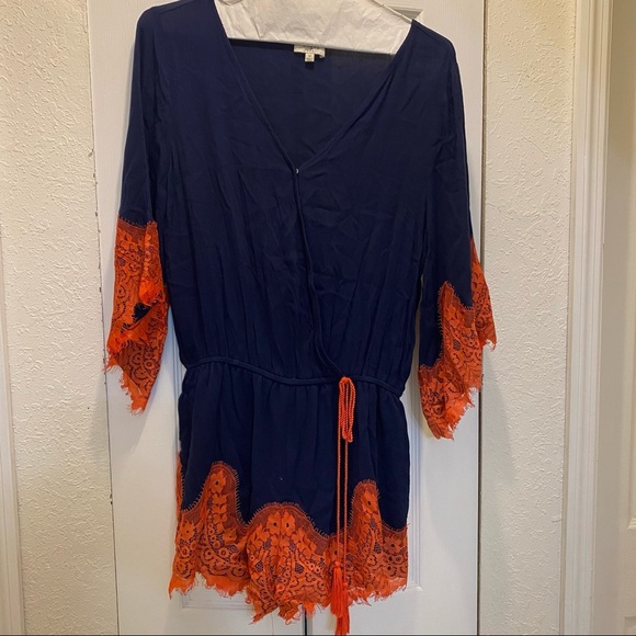 - Umgee romper. Navy Blue with lace orange, Size M, 3/4 sleeves. - Picture 2 of 11